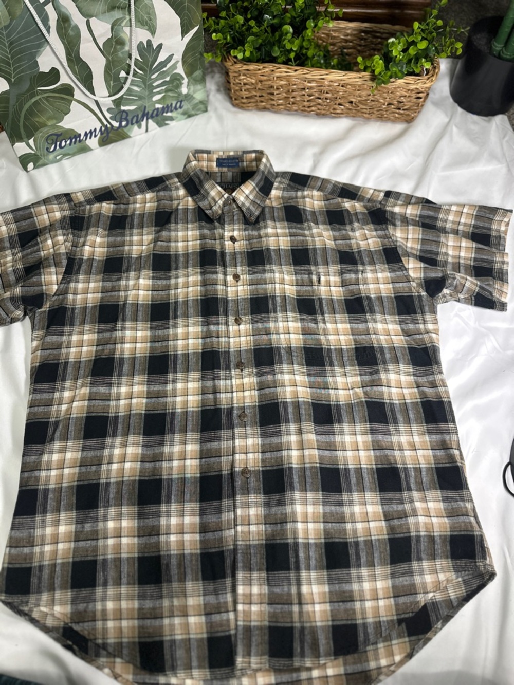 Vintage Chaps Ralph Lauren Men’s Classic Black and Tan Plaid Button-Up Shirt- L